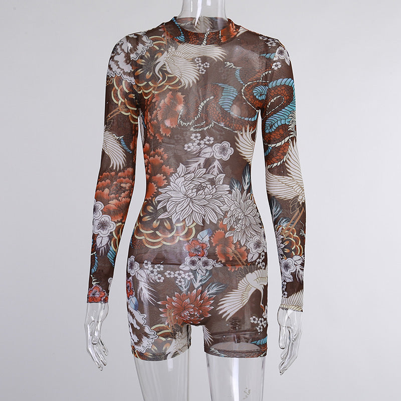 Floral Fantasy Mesh Long Sleeve Romper – Brown Oriental Print Bodysuit