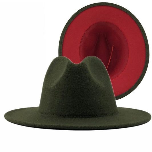 Two-Tone Wool Felt Fedora – Olive Green & Red Wide Brim Jazz Hat