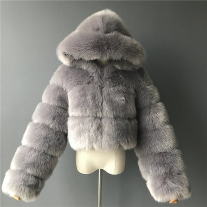 Luxury Faux Fur Short Hooded Coat – Women’s Cropped Plush Winter Jacket