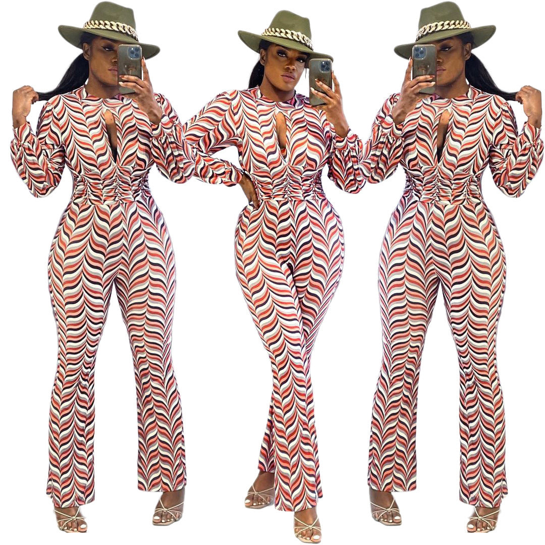 🌟 Cutout Nipped Waist Smocked Print Flared Jumpsuit