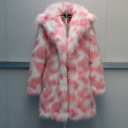 Women’s Luxe Faux Fur Statement Coat – Bold Teal & Pink Cloud Pattern