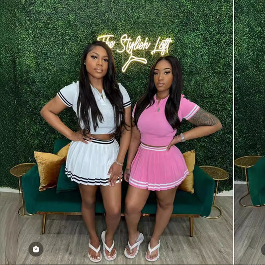 Urban Flair Pleated Skirt Set – Street Chic Two-Piece Outfit with Quarter Sleeve Top