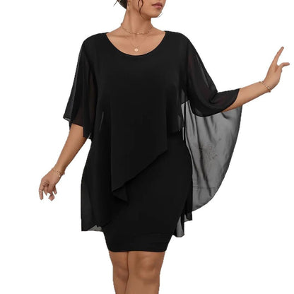 Elegant Plus Size Asymmetrical Chiffon Overlay Shawl Dress – Black