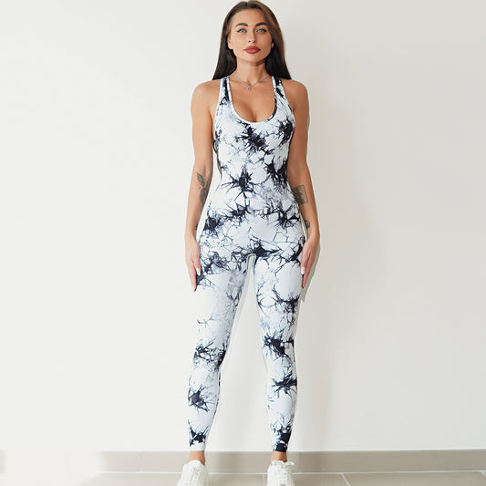 Marble Print One-Piece Workout Jumpsuit – Moisture-Wicking, Breathable Fit