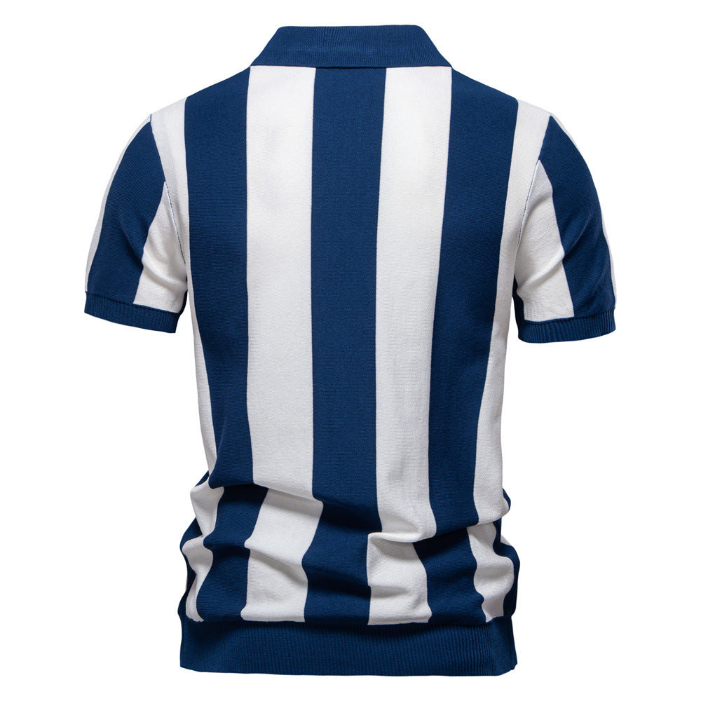 Men's Striped Woolen Polo Shirt – Short Sleeve Lapel Collar Top