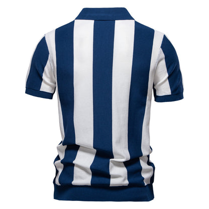 Men's Striped Woolen Polo Shirt – Short Sleeve Lapel Collar Top