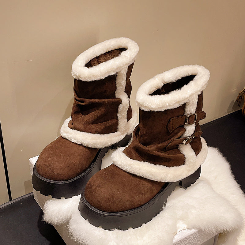Women’s Suede Fur-Lined Winter Buckle Boots | Thick Sole Cozy Snow Ankle Boots