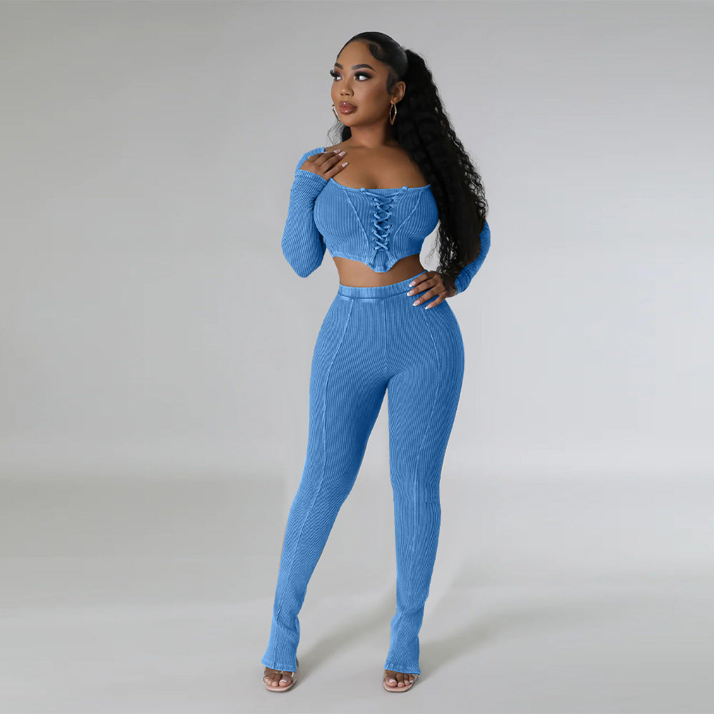 City Sleek Backless Two-Piece Set – Square Neck Top & Skinny Pencil Trousers