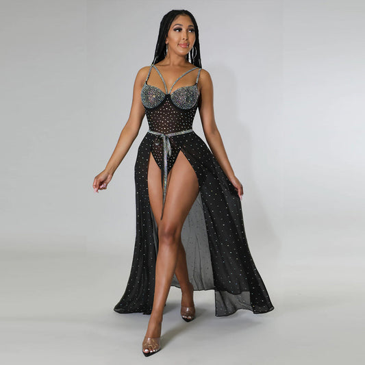 Women's Sparkling Sheer Two-Piece Set – Rhinestone Sleeveless Bodysuit with High Slit Skirt