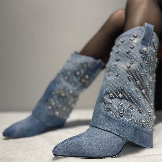Rhinestone Denim Stiletto Boots – Pointed Toe Mid-Calf Glam