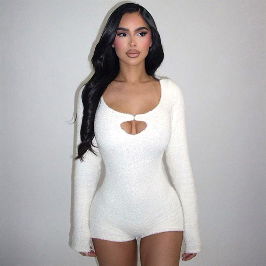 Keyhole Cutout Long Sleeve Slim Fit Romper – Cozy Knit One-Piece Loungewear