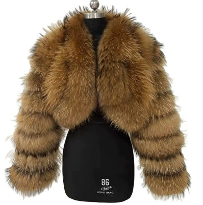 Luxury Faux Fur Bubble Sleeve Cropped Winter Jacket for Women – Elegant Short Coat