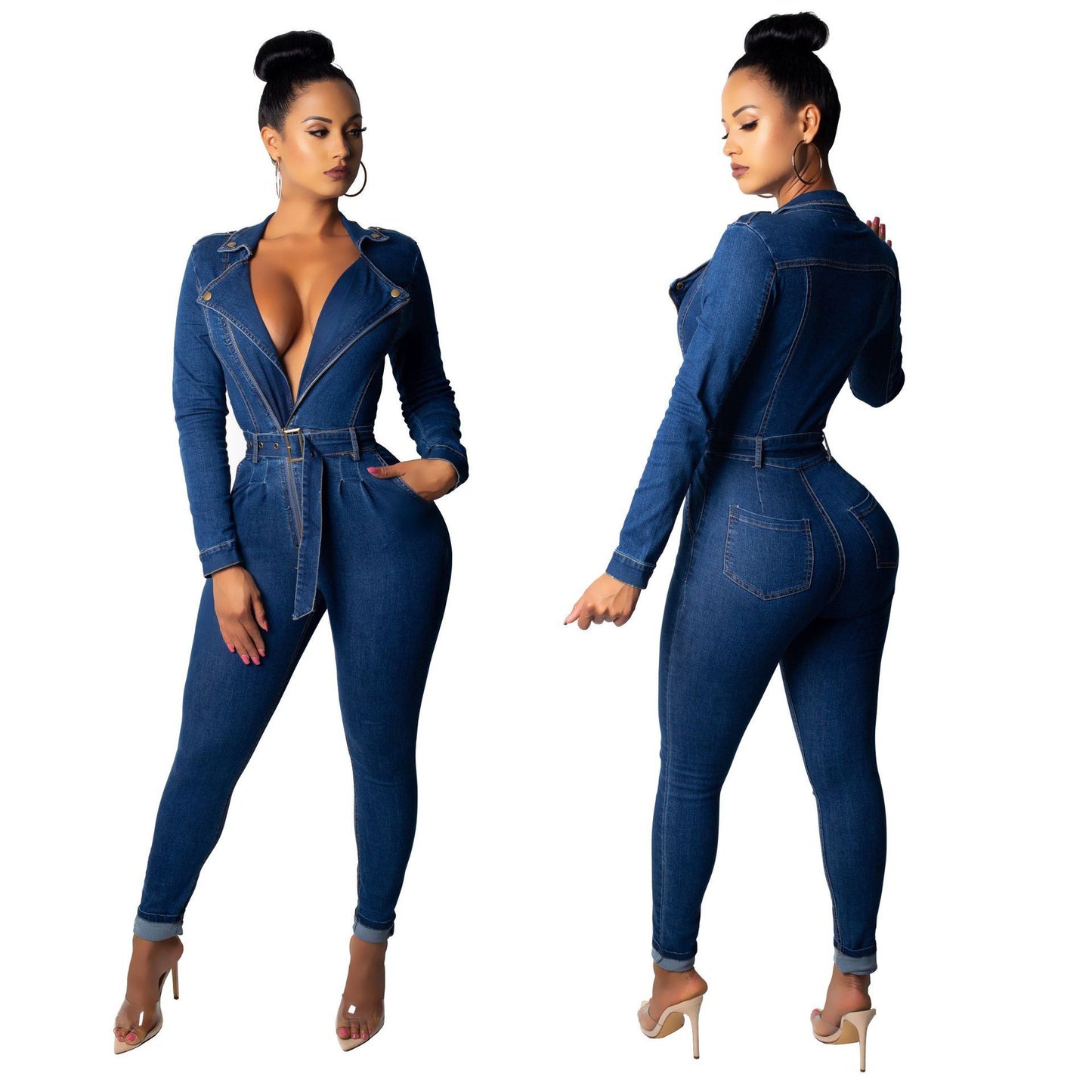 Deep V-Neck Denim Belted Jumpsuit – Long Sleeve Skinny Fit One-Piece Bodysuit for Women