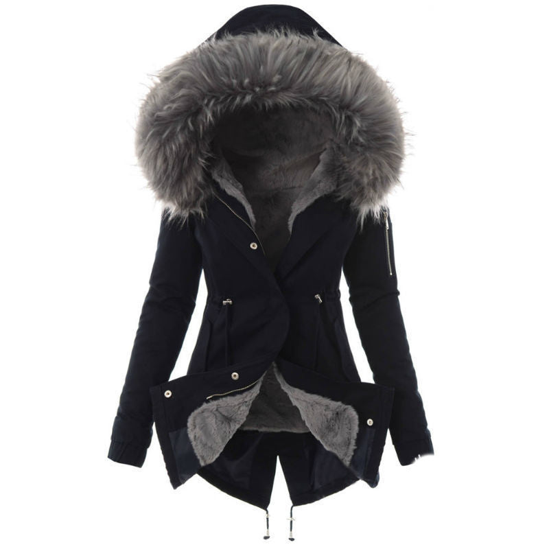 Women’s Fur Collar Cotton Jacket – Hooded Winter Warm Coat