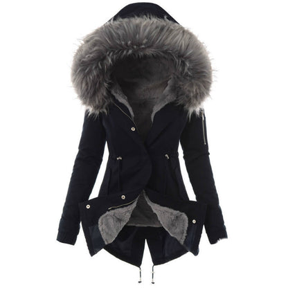Women’s Fur Collar Cotton Jacket – Hooded Winter Warm Coat