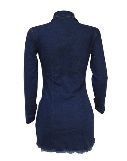 Women’s Shredded Button-Down Denim Mini Dress – Fitted Long Sleeve Casual Streetwear
