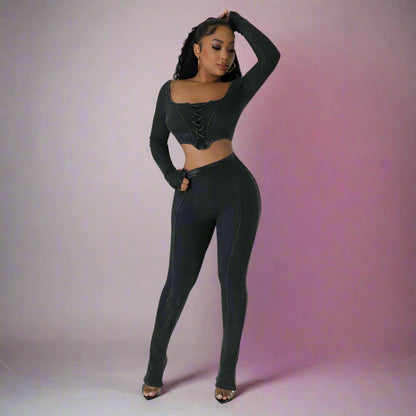 City Sleek Backless Two-Piece Set – Square Neck Top & Skinny Pencil Trousers