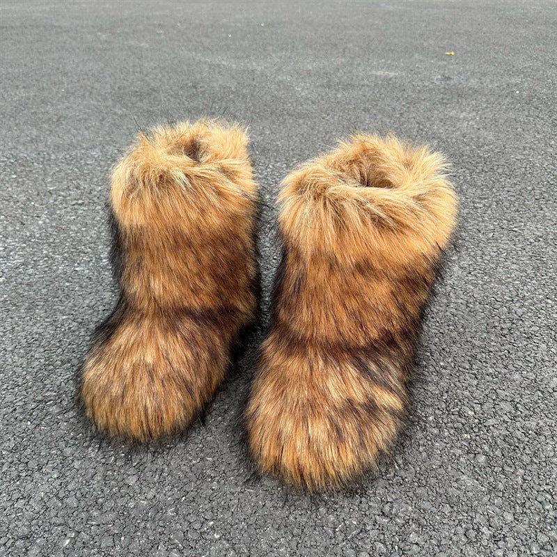 Luxury Raccoon Fur Plush Snow Boots – Women’s Faux Fur Short Tube Winter Warm Boots
