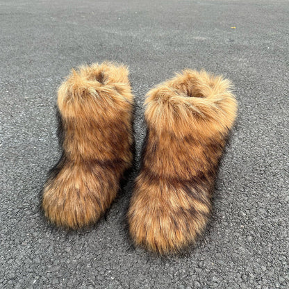 Luxury Raccoon Fur Plush Snow Boots – Women’s Faux Fur Short Tube Winter Warm Boots