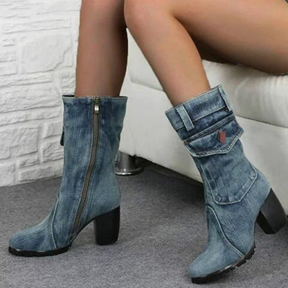 Denim Mid-Calf Boots – Thick Heel, Side Zip & Stitch Detail