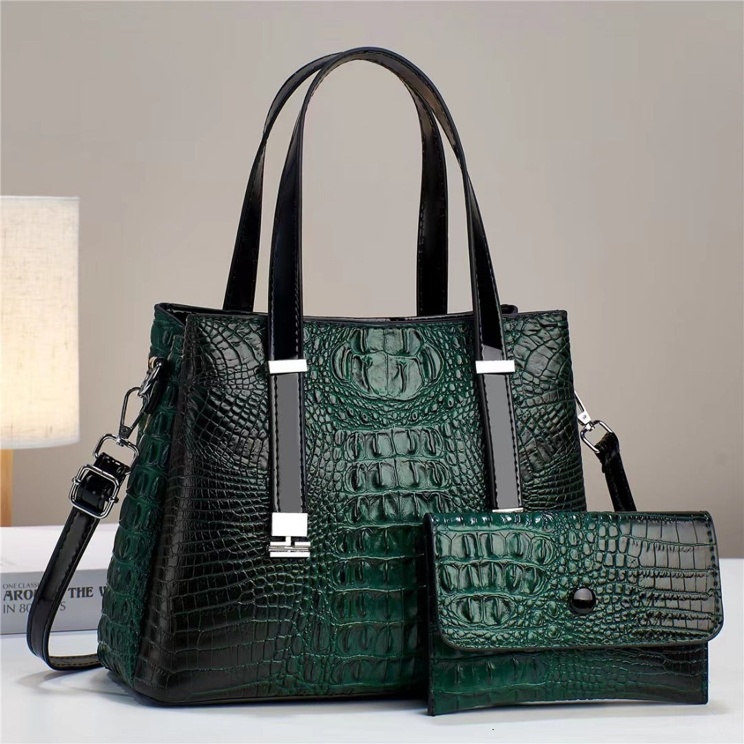 Women’s Crocodile Pattern Tote Bag Set – Large Capacity PU Leather Handbag with Matching Clutch