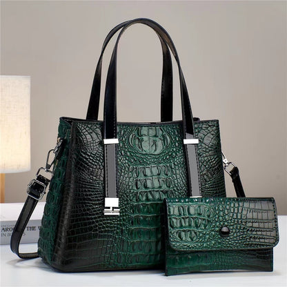 Women’s Crocodile Pattern Tote Bag Set – Large Capacity PU Leather Handbag with Matching Clutch
