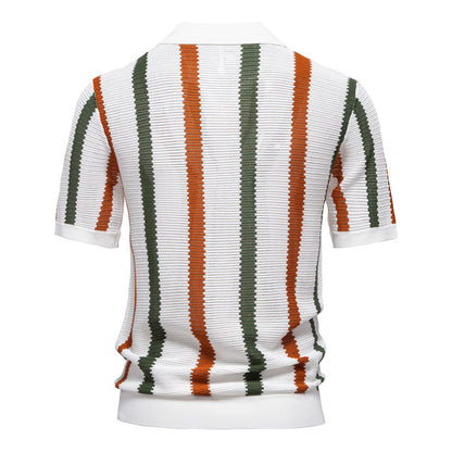 Men’s Summer Hollow Knit Polo Shirt – Breathable Striped Short Sleeve Top