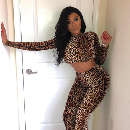 🔥 Fierce Leopard Print Two-Piece Set for Women – Long Sleeve Crop Top & High-Waist Leggings 🔥