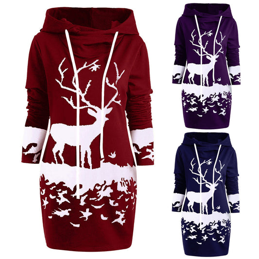 Women’s Christmas Reindeer Print Hooded Sweater Dress