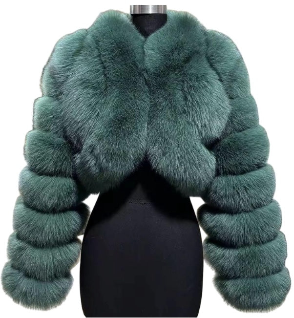 Luxury Faux Fur Bubble Sleeve Cropped Winter Jacket for Women – Elegant Short Coat