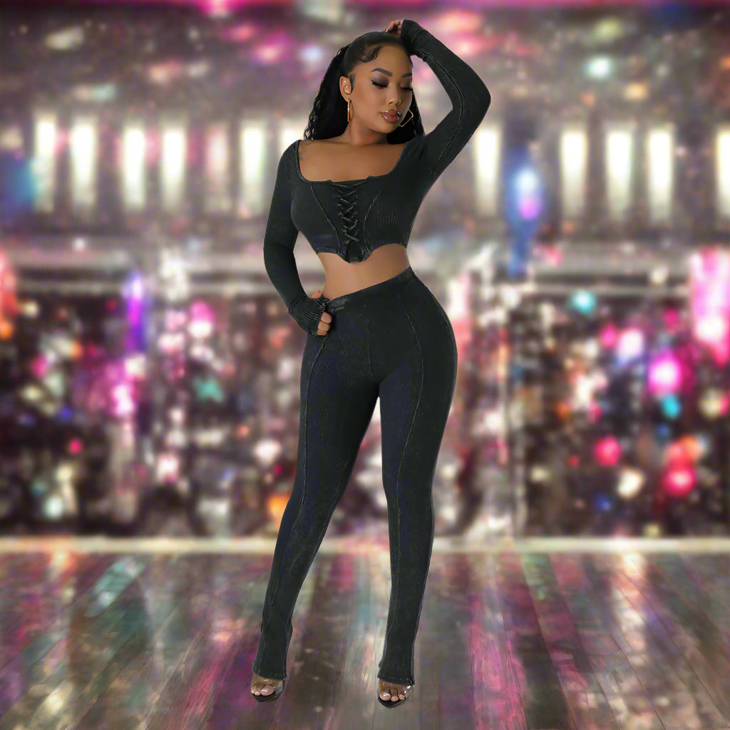 City Sleek Backless Two-Piece Set – Square Neck Top & Skinny Pencil Trousers