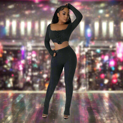 City Sleek Backless Two-Piece Set – Square Neck Top & Skinny Pencil Trousers