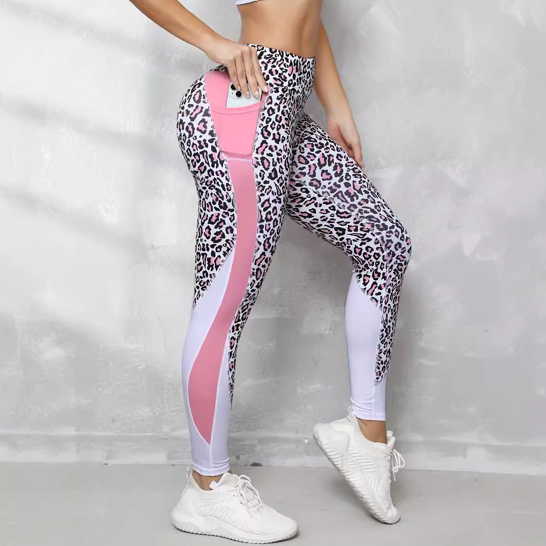 High Waist Leopard Print Leggings – Contrast Color Pocket Fitness Pants