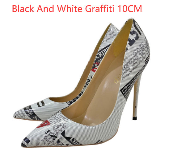 🔥 Bold Graffiti Print Pointed-Toe Stiletto Heels – Super High Heels in 8CM / 10CM / 12CM + Flat Option