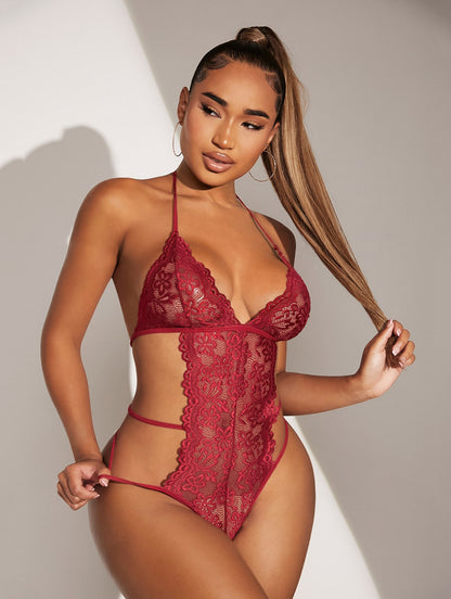 🌹 Seductive Allure Lace Jumpsuit – Wine Red, Sheer Elegance & Sultry Fit