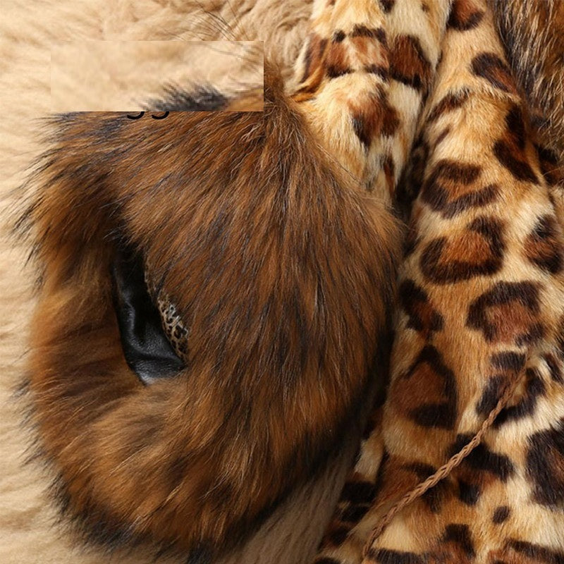 Luxury Leopard Print Faux Fur Coat – Mid-Length Winter Jacket with Fluffy Cuffs & V-Neck for Women