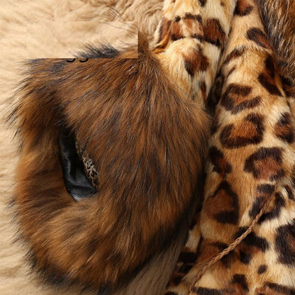 Luxury Leopard Print Faux Fur Coat – Mid-Length Winter Jacket with Fluffy Cuffs & V-Neck for Women