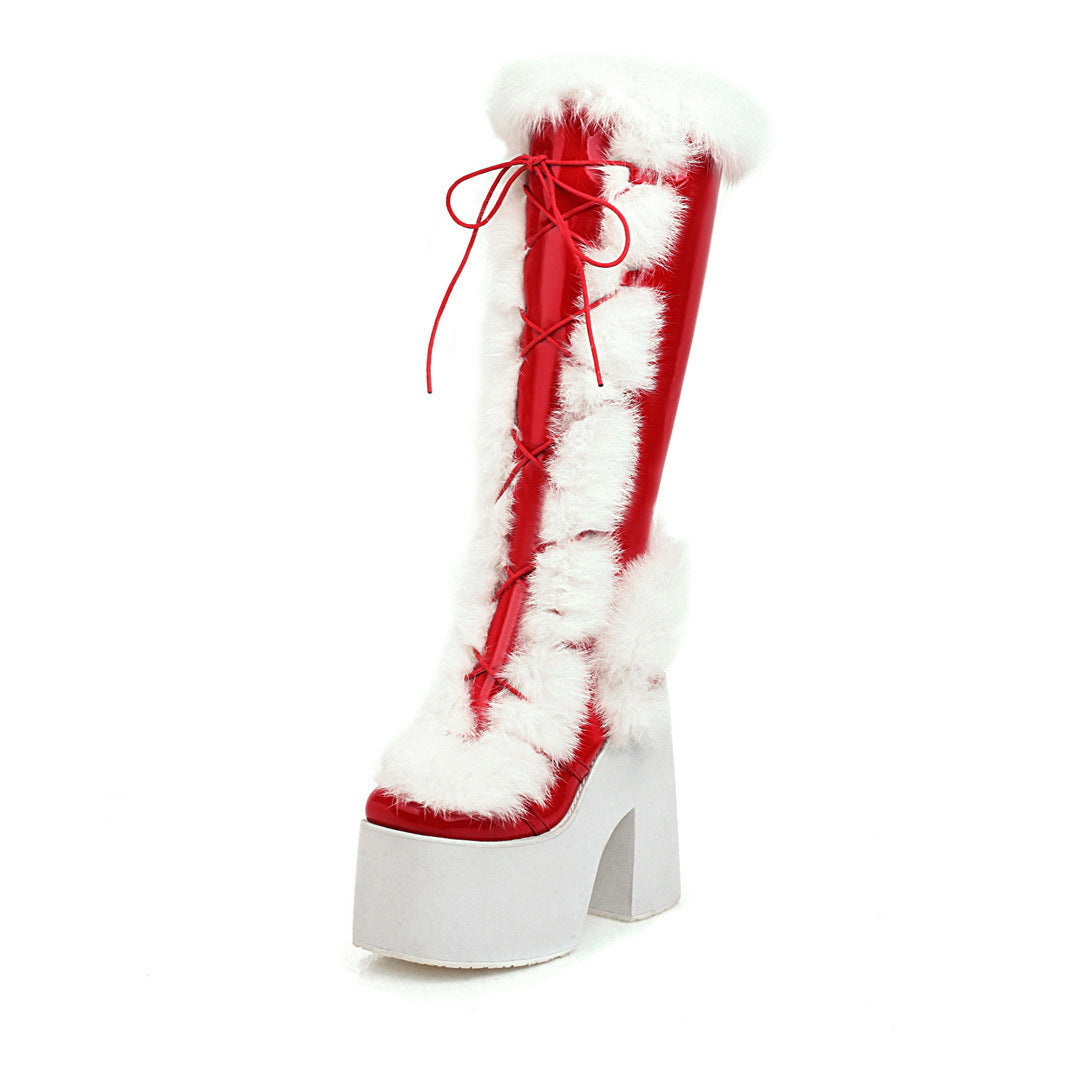 Luxury Platform Fur Snow Boots for Women High-Heel Thick Sole Winter Lace-Up Fashion Boots