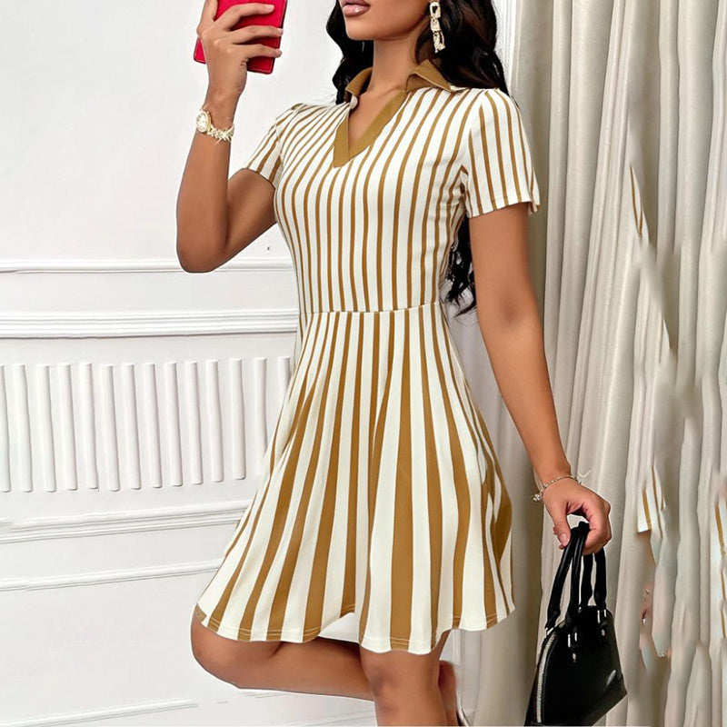 Women's Polo Dress Elegant Striped V Neck Short Sleeve A Line Dresses