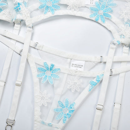 Heaven Sent Embroidered Lingerie Set – Floral Mesh Garter Fantasy