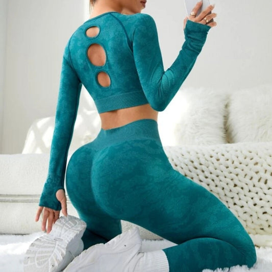 Teal Seamless Cutout Yoga Set – Scrunch Booty Leggings & Crop Top