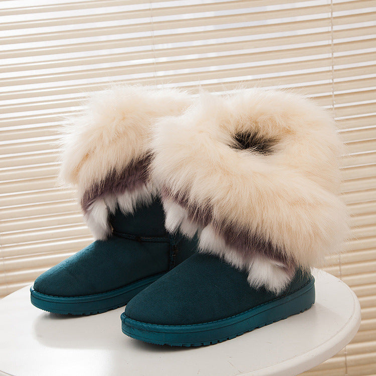 Women’s Faux Fox Fur Winter Snow Boots – Thick-Soled Non-Slip Fashion Boots