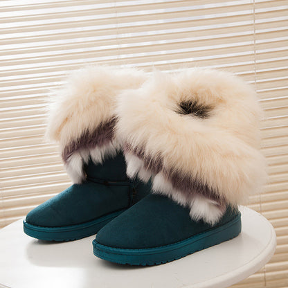 Women’s Faux Fox Fur Winter Snow Boots – Thick-Soled Non-Slip Fashion Boots