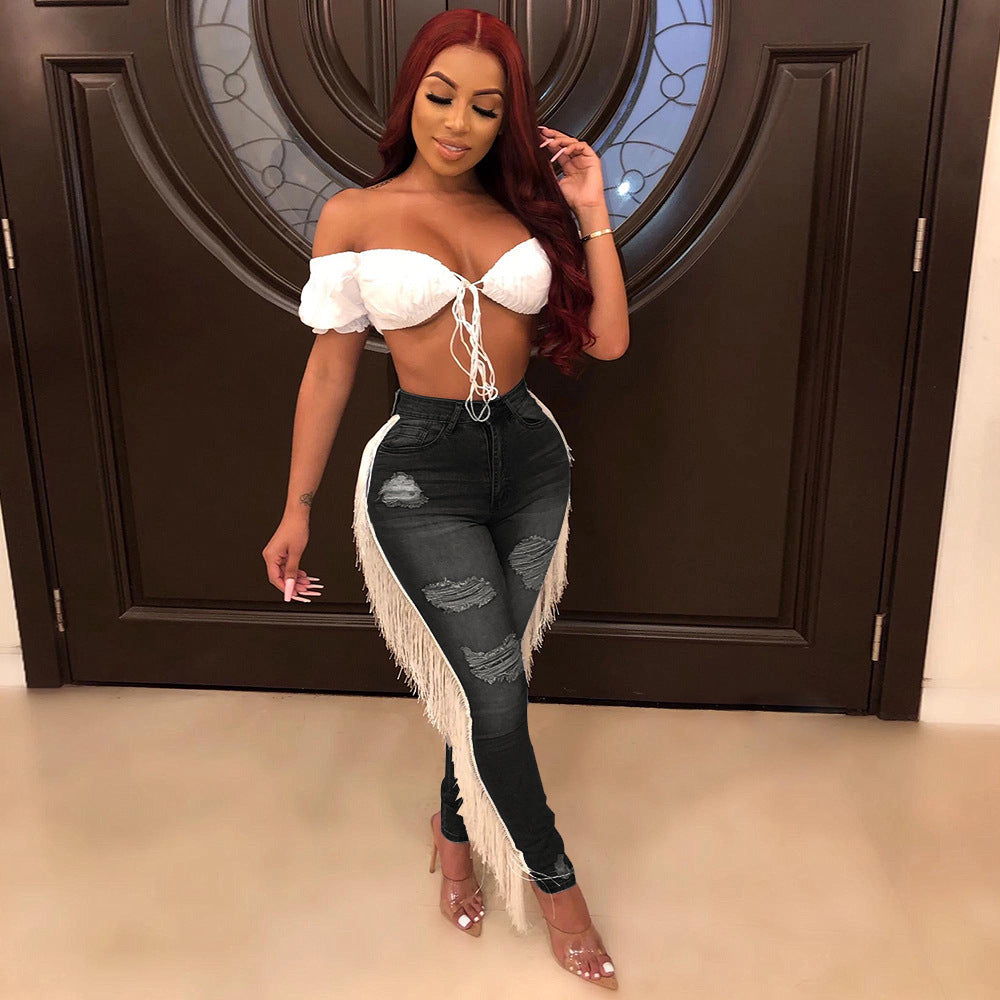 Wild Fringe Denim Jeans – Distressed High-Waist with Ruffle Drama