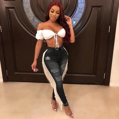 Wild Fringe Denim Jeans – Distressed High-Waist with Ruffle Drama