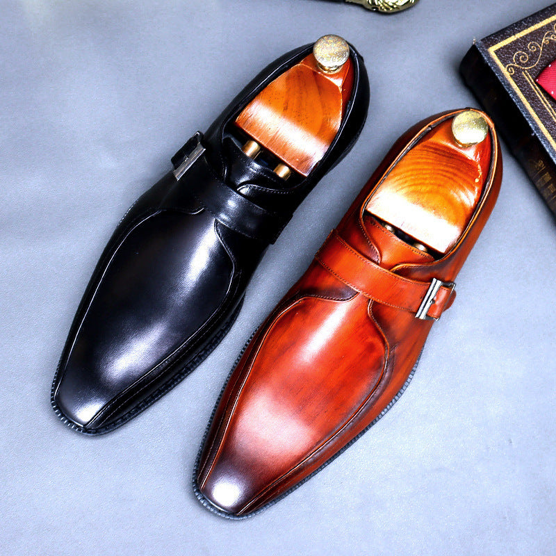 Men’s Buckle Strap Leather Dress Shoes – Retro Casual Slip-Ons | Pointed Toe & Wear-Resistant Sole