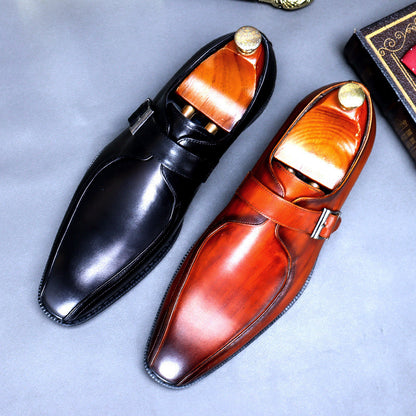 Men’s Buckle Strap Leather Dress Shoes – Retro Casual Slip-Ons | Pointed Toe & Wear-Resistant Sole