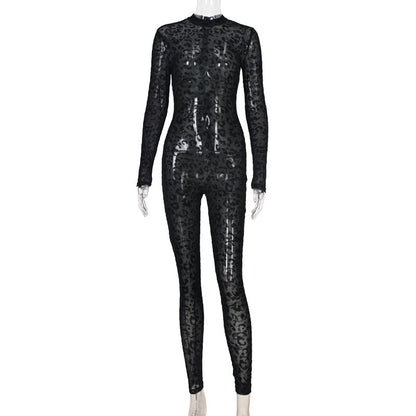 Women's Sexy Leopard Flocked Sheer Mesh Jumpsuit with Zipper