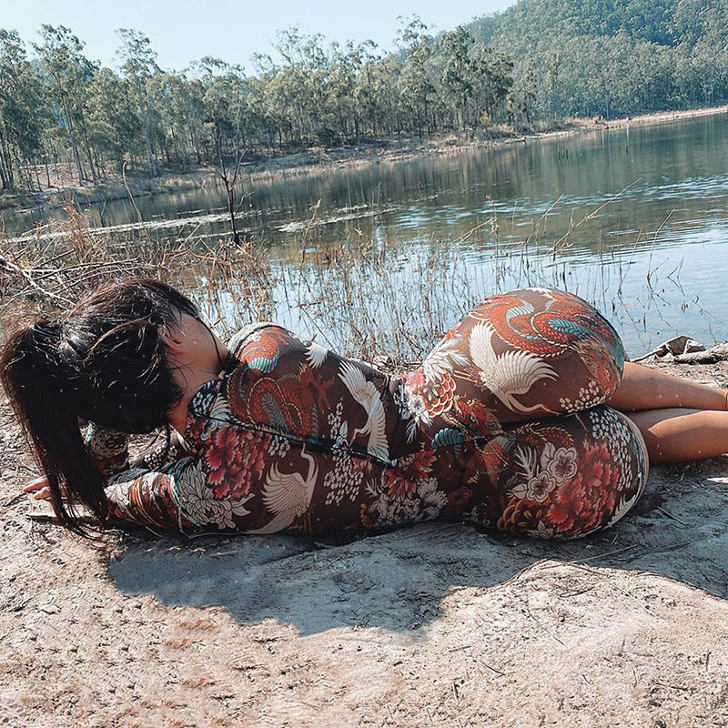 Floral Fantasy Mesh Long Sleeve Romper – Brown Oriental Print Bodysuit