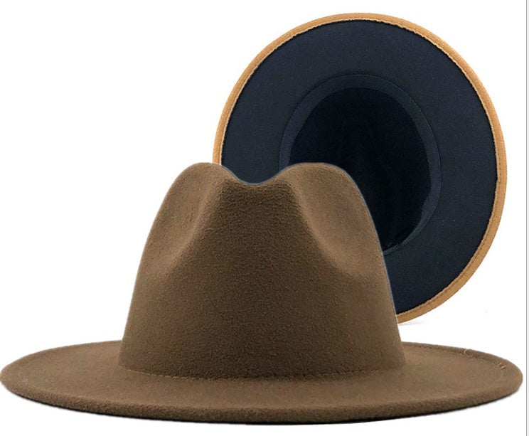 Two-Tone Wool Felt Fedora – Olive Green & Red Wide Brim Jazz Hat